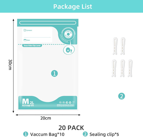 Reusable Sous Vide Bags, 20 PCS BPA Free Vacuum Sealer Bags for Cooking, 20 Food Storage Bags & 4 Seal Clips