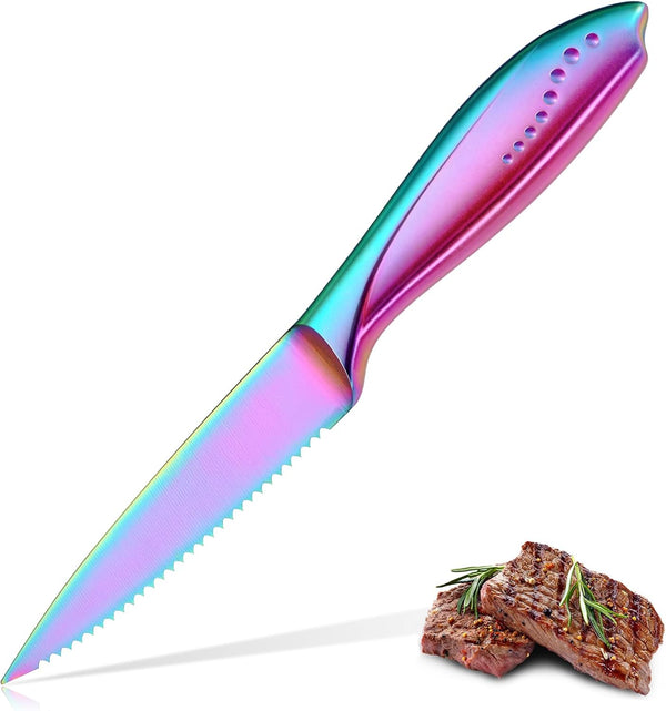 WELLSTAR Utility Knife, 4 Inch Serrated Paring Knife with Super Sharp Rainbow High Carbon Stainless Steel Blade