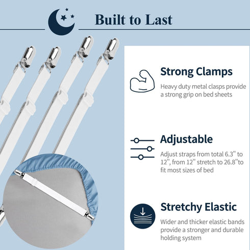 Sopito 4pcs Adjustable Elastic Bed Sheet Fasteners, Heavy Duty Grippers for Mattresses, White