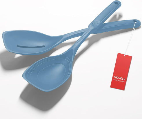 2 Pack Large Silicone Cooking Spoon - Non-Stick Slotted and Solid Spoon Set with Deep Bowl for Mixing