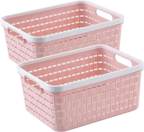 Plastic Storage Bin Baskets - Small Pink Toilet Paper Basket for Bathroom, Organizer Shower Caddy with Handles (2 Pack)