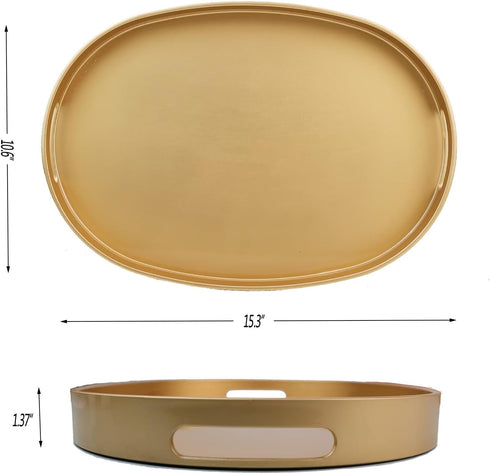 15.3"*10.6"*1.37" Gold Oval Decorative Tray with Handles, Versatile Serving Tray for Coffee Table, Ottoman, Ideal