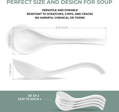 Asian Ceramic Soup Spoon with Long Handle Easy to Hold, Non-slip Bottom, for Soups, Japanese Ramen, Miso, Chinese and Vietnamese Wonton, Dumplings, Pho, Noodle, and Korean Soups, Set of 4