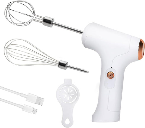 Cordless Hand Mixer, Handheld Electric Whisk with 3 Speed Modes, 2 Detachable Stir Whisks (White)
