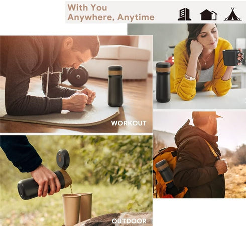 Classic Portable French Press Coffee Mug, 12 oz Stainless Steel Coffee Maker with Carry Loop