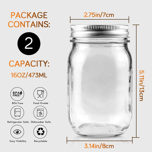 2 Pack 16oz Showvigor Regular Mouth Mason Jars Glass Canning Jars with Airtight Lids for Preserving, Jam, Honey, Jelly