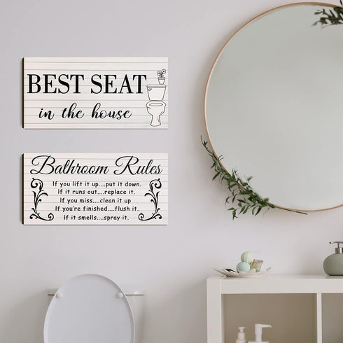 Jetec 2 Pieces Funny Bathroom Pictures Wall Sign Decor, Rustic Toilet Rule Wall Art, Best Seat Wooden Sign