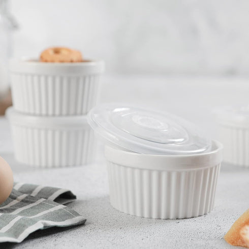 DOWAN 4 oz Ramekins with Lids, Oven Safe, Porcelain White Souffle Ramekins, Set of 6