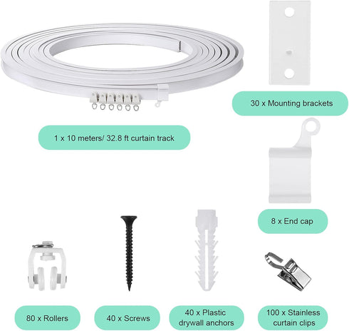 Jetec Curved Ceiling Curtain Track Bendable Mount for Bunk Bed, Bay Window Room Divider, Flexible Straight (White, 9.8