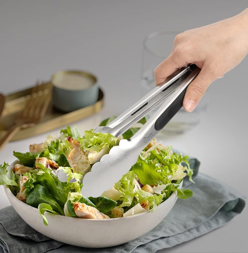 HOTEC Set of 2 Stainless Steel Kitchen Tongs, 9 Inch Locking Metal Food Cooking Tongs with Non-Slip Grip (Black)