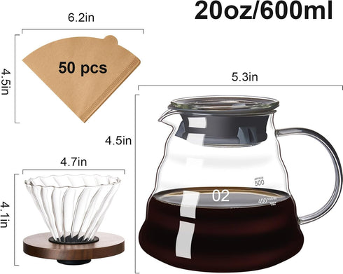 Pour Over Coffee Maker Set, 20 OZ Borosilicate Glass Carafe with 50 pcs V60 Paper Filter for Home