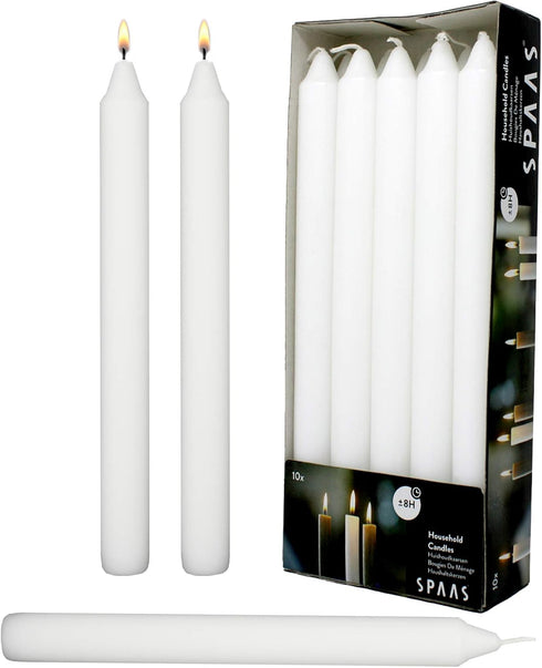 Rambue White Dinner Table Candle 9.5 Inch Long, Dripless Smokeless Burn 8 Hours, 10 Pack Candles