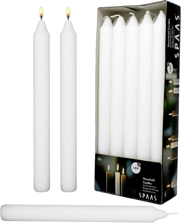 Rambue White Dinner Table Candle 9.5 Inch Long, Dripless Smokeless Burn 8 Hours, 10 Pack Candles