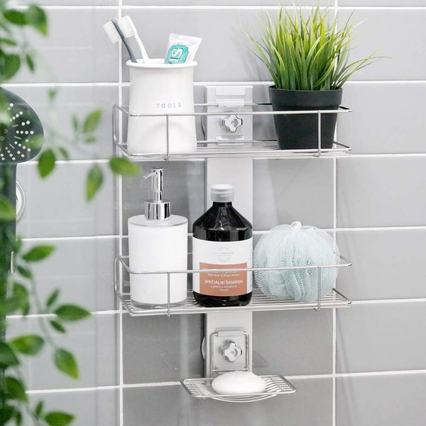 BATHBEYOND Shower Caddy Suction Cup Tier Shower Shelf - Adjustable 3 Tier Caddy with Extra Adhesive Sticker