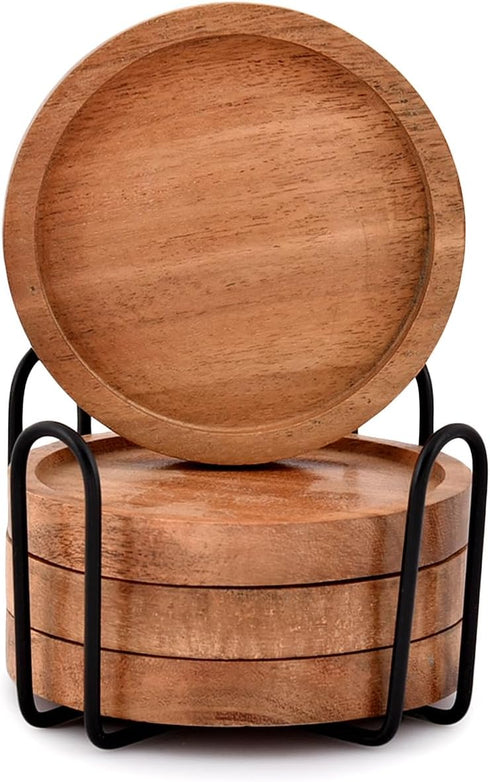 Acacia Wood Round Coasters Set of 4 with Iron Holder - Tabletop Protection for Drinks in Home, Bar, Kitchen