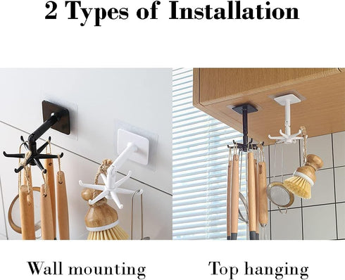 Hanging Utensil Holder Hooks - Kitchen Utensil Hanger Wall Mount with 6 Hooks, 360 Degrees Rotating, Black & White