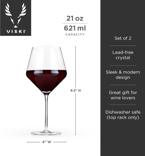 Viski Raye Angled Burgundy Glasses Set of 2 - Premium Crystal Clear Red Wine Gift Set, 21 oz