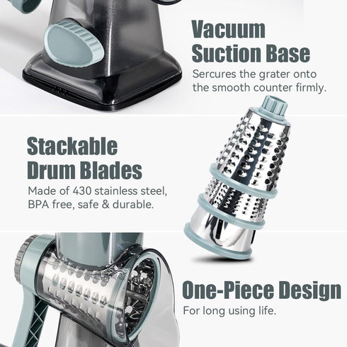 3 KEOUKE Rotary Cheese Grater Hand Crank Transparent - Shredder Slicer Grinder Stainless Steel Blades, Stable Suction