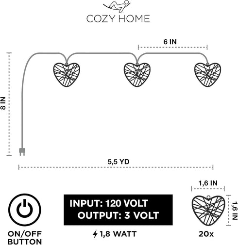 Cobus CozyHome 23 20 Heart String Lights FT & Warm White LEDs | Indoor | Christmas Fairy Lights Engagement Wedding