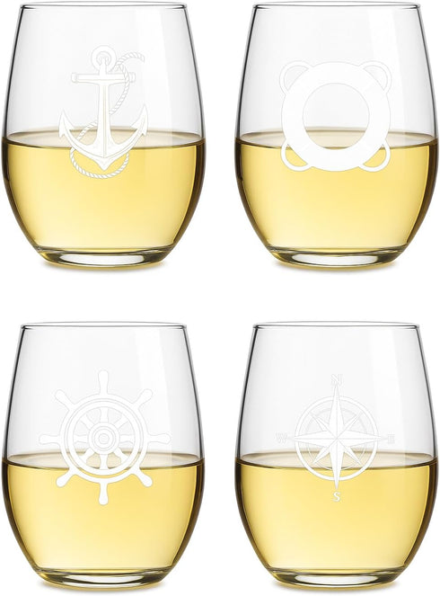 Set of 4 Stemless Boat Wine Glasses – 16oz Unbreakable Nautical Glasses with Anchor, Compass, Helm & Life Ring,