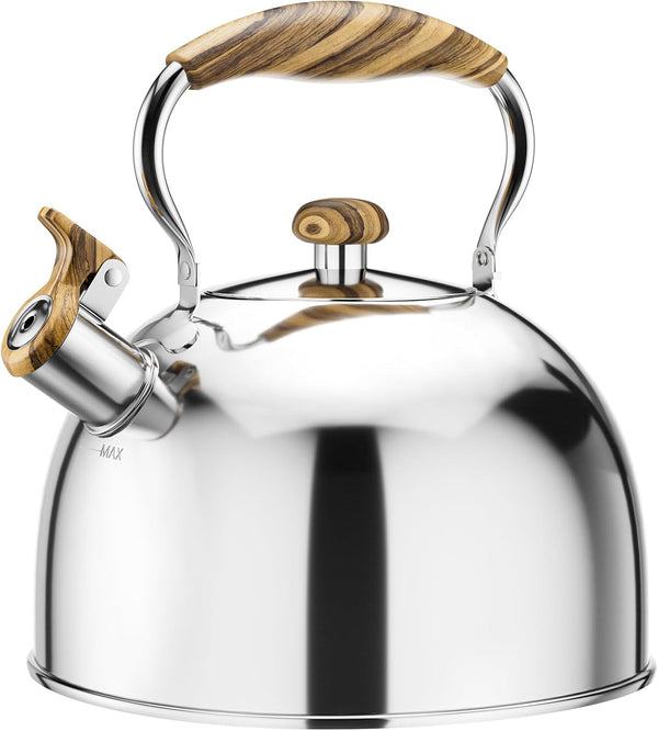 Whistling Tea Kettle Stovetop, Food Grade Stainless Steel Teapot with Wood Pattern Handle, 2.5 Liter Silver