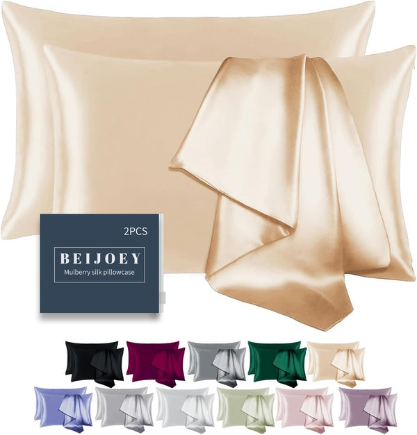 100% Mulberry Silk Pillowcase Set of 2, 19 Momme 600 Thread Count, Hidden Zipper, Soft Breathable (Buff Beige, King)