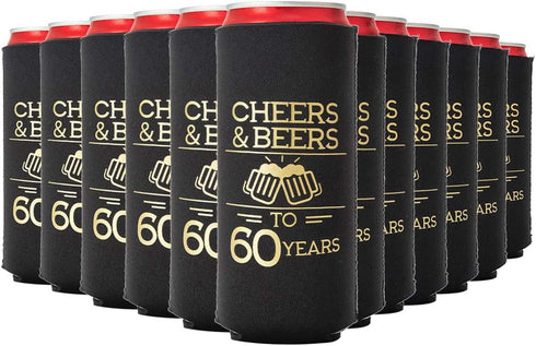 Cheers to 60 Years Can Coolers, Set of 12 - Black and Gold 60th Birthday Party Favors and Decorations for Men and Women