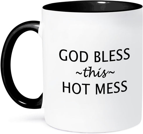 3dRose mug_221115_4 GOD BLESS THIS HOT MESS, Two Tone Black Mug, 11oz