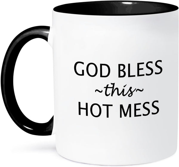 3dRose mug_221115_4 GOD BLESS THIS HOT MESS, Two Tone Black Mug, 11oz