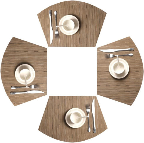 SHACOS Round Table Placemats Set of 4 - Wedge Shape Woven Vinyl Place Mats, Heat Resistant, Tan