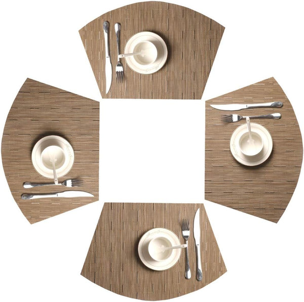 SHACOS Round Table Placemats Set of 4 - Wedge Shape Woven Vinyl Place Mats, Heat Resistant, Tan