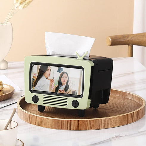 LSLANSOON Tissue Box Holder with Cell Phone Slot, Retro TV Shaped Tissue Case and Cellphone Holder Cellphone Stand