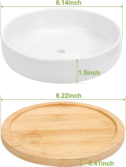 ZOUTOG 6 Inch White Ceramic Flower Planter Pots with Bamboo Tray, Pack of 2 - Plants Not Included