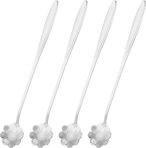 uxcell 4Pcs Stainless Steel Flower Spoon, 7 Inch Long Handle Teaspoon for Ice Cream, Coffee, Cocktail Mixing, Silver