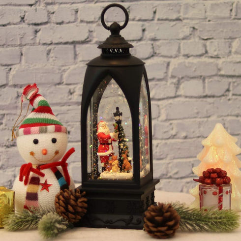 Eldnacele 12” Christmas Snow Globe Lantern with Snowman, Music & Timer, USB/Battery Operated Lighted Glittering Lantern