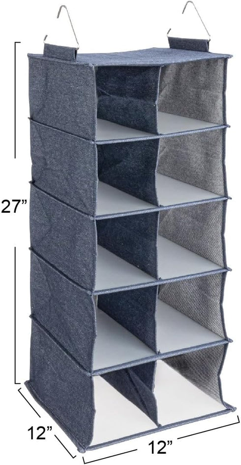 Closet 10 Household Essentials Hanging Cotton Blend and Plastic Shoe Organizer with Storage Compartments, Denim