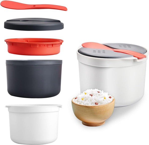 2L Microwave Rice Cooker, 2 Layer Vegetable Steamer with Strainer, Non-Stick Pasta Cooker, Dishwasher Safe