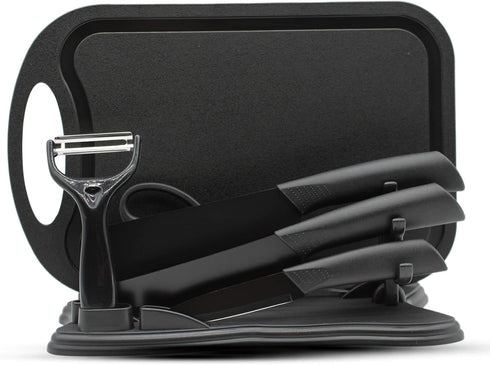 Magicorange 7-Piece Kitchen Knife Set - 5 Black Stainless Steel Knives with Sheaths, Cutting Board, Knife Block