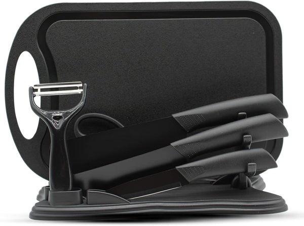 Magicorange 7-Piece Kitchen Knife Set - 5 Black Stainless Steel Knives with Sheaths, Cutting Board, Knife Block