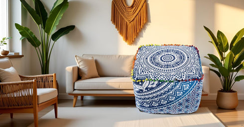 18X18X14 inches, CRAFT KALA Indian Square Patchwork Traditional Pouf Cover Indian Living Room Poufs Cover Decorative