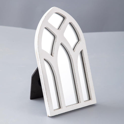 Rustic Arched Wooden Small Mirror for Desk, 6 X 11 Inch, Distressed White Farmhouse Window Mirror for Tables, Shelf,