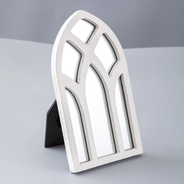 Rustic Arched Wooden Small Mirror for Desk, 6 X 11 Inch, Distressed White Farmhouse Window Mirror for Tables, Shelf,