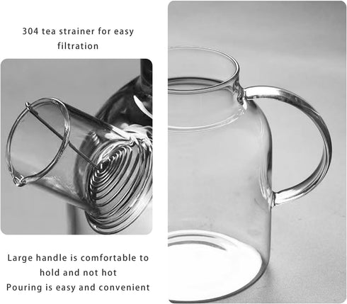 Glass Teapot, Stovetop and Microwave Safe Borosilicate Teapot, 60.8 oz with Natural Bamboo Lid and Removable Filter