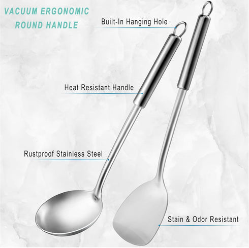 Pleafind 2-Pcs Cooking Utensils Set, Stainless Steel Ladle and Spatula, Soup Ladle and Wok Spatula for Home and