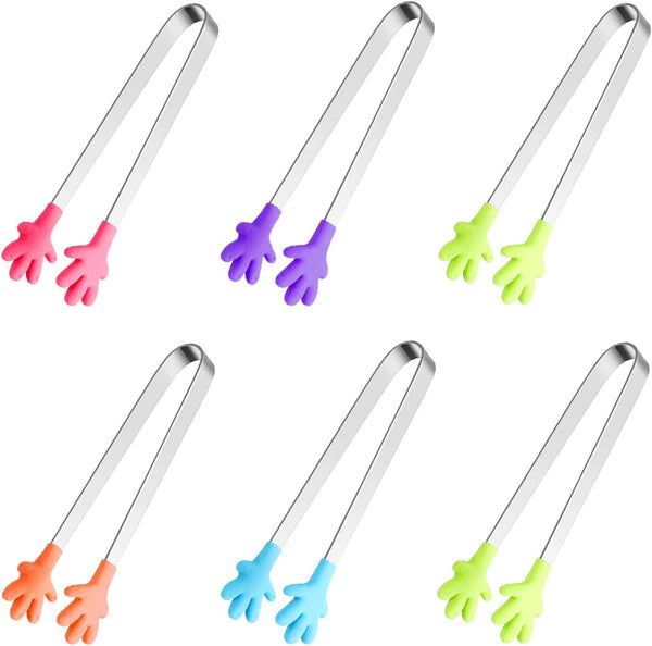 6PCS Mini Tong, Hand Shape Silicone Food Tongs, 5 Inch Kid Tongs for Sugar Cubes, Colorful Kitchen Tongs