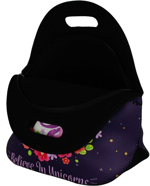 Violet Mist Cute Neoprene Lunch Bag, Insulated Tote Black Unicorn Reusable Lunch Box for Women