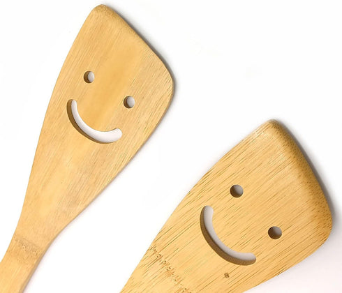 2-Piece 12-Inch Bamboo Smiley Face Wooden Spoons & Spatula, Kitchen Cooking Tools for Nonstick Cookware