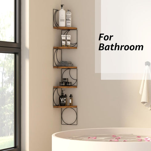 5 PHAREGE Tier Moon Phase Corner Shelves Brown Black, Rustic Storage Shelves for Bedroom Kitchen Bathroom Living Room