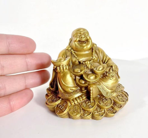 SMRTHMRT Feng Shui Decor Laughing Buddha Statue, Maitreya Figurine Carrying Money Bag, Brass Sculptures