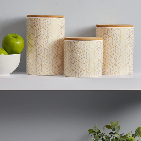 Home Basics Small Cubix Design Kitchen Canister (White/Gold), Modern Canister Sets for Storing Dry Food, Snacks